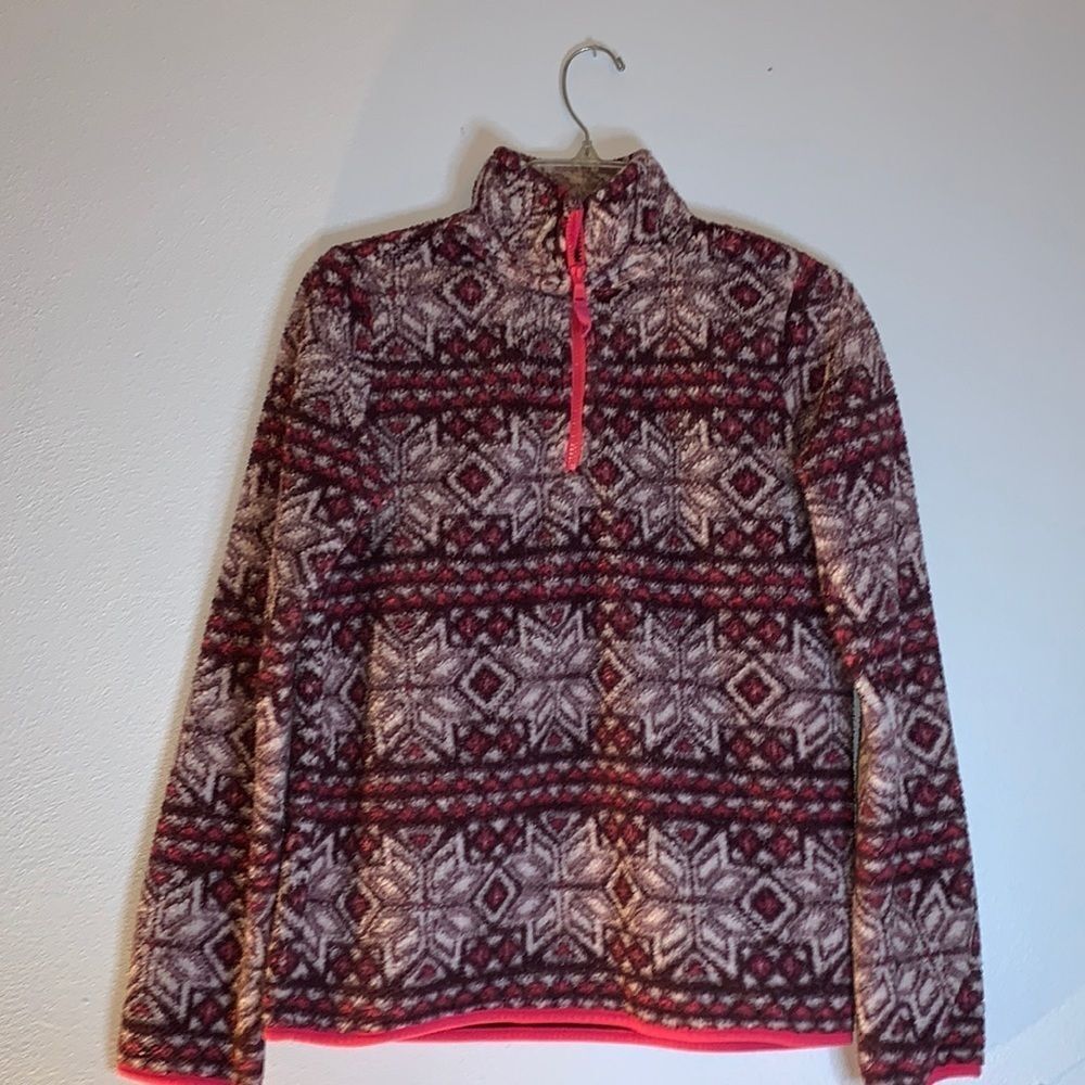 Prince & Fox Pink and Maroon Snowflake Print Sherpa 1/4 Zip Top size S / P